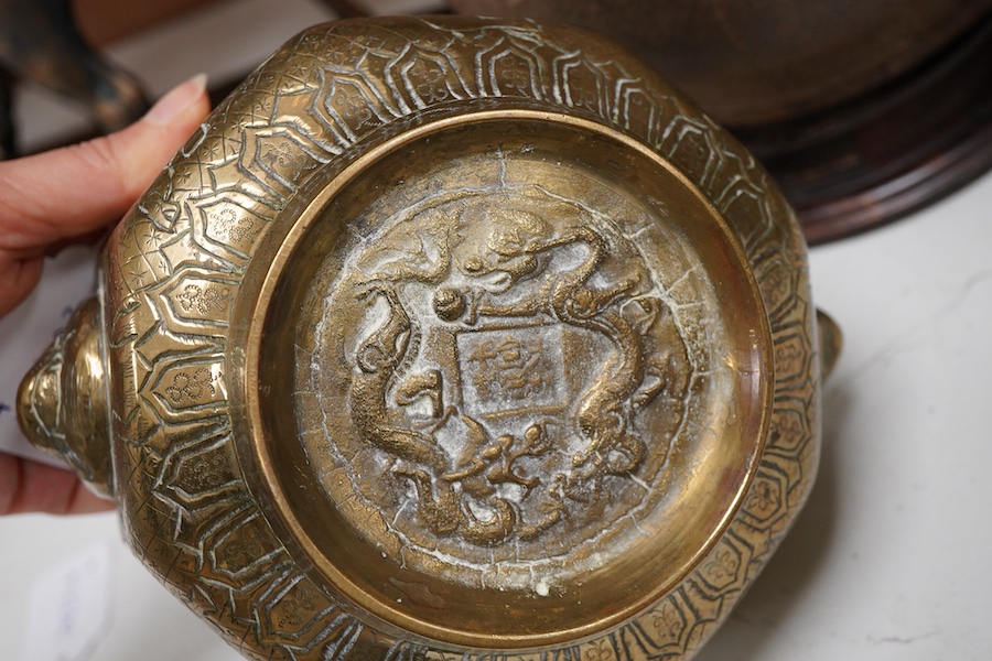 A Chinese bronze bowl, cover and bowl, mustard canister pot, largest bowl 24cm diameter